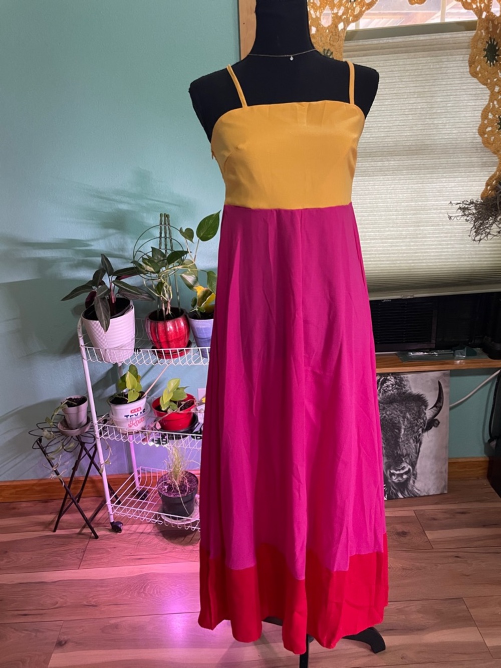 Colorblock Spaghetti Strap Maxi Dress in Mustard and Fuchsia